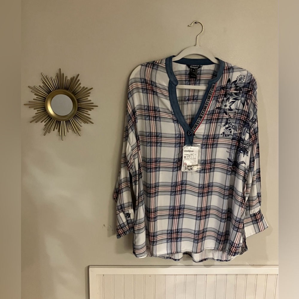NWT Desigual Love Blue and White Plaid Top
